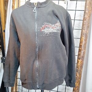 Black Zip-Up Sweatshirt with Embellished Design